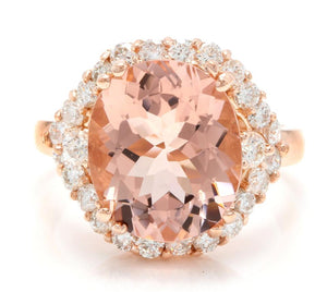 6.75 Carats Exquisite Natural Morganite and Diamond 18K Solid Rose Gold Ring