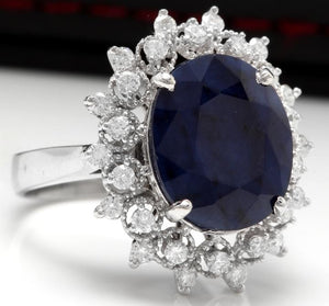 7.35 Carats Exquisite Natural Blue Sapphire and Diamond 14K Solid White Gold Ring