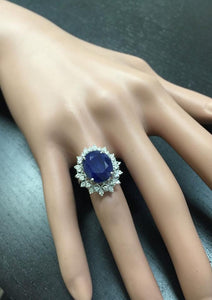 7.35 Carats Exquisite Natural Blue Sapphire and Diamond 14K Solid White Gold Ring