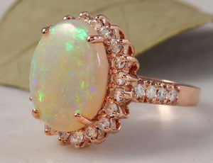 5.85 Carats Natural Impressive Australian Opal and Diamond 14K Solid Rose Gold Ring