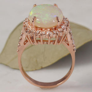5.85 Carats Natural Impressive Australian Opal and Diamond 14K Solid Rose Gold Ring