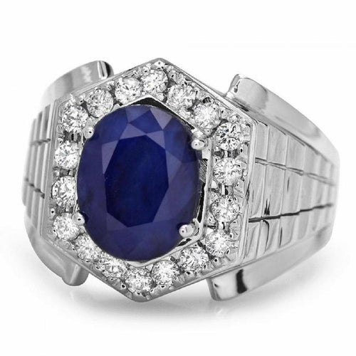 4.60 Carats Natural Diamond & Blue Sapphire 14K Solid White Gold Men's Ring