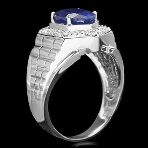 4.60 Carats Natural Diamond & Blue Sapphire 14K Solid White Gold Men's Ring