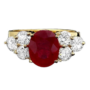 5.70 Carats Impressive Red Ruby and Natural Diamond 14K Yellow Gold Ring