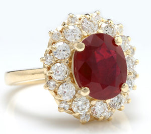 6.30 Carats Impressive Red Ruby and Diamond 14K Yellow Gold Ring