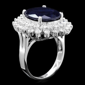 14.00 Carats Natural Sapphire and Diamond 14K Solid White Gold Ring