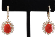 Load image into Gallery viewer, Exquisite 8.40 Carats Natural Red Coral and Diamond 14K Solid Yellow Gold Earrings