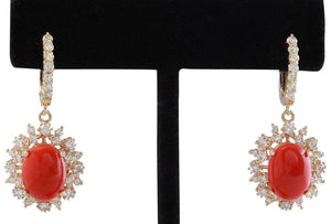 Exquisite 8.40 Carats Natural Red Coral and Diamond 14K Solid Yellow Gold Earrings