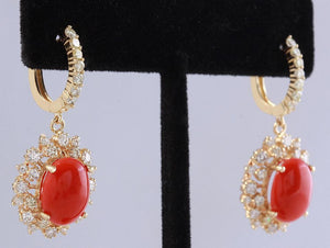 Exquisite 8.40 Carats Natural Red Coral and Diamond 14K Solid Yellow Gold Earrings