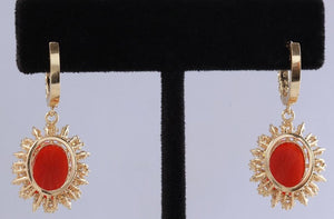 Exquisite 8.40 Carats Natural Red Coral and Diamond 14K Solid Yellow Gold Earrings