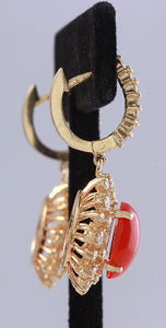 Exquisite 8.40 Carats Natural Red Coral and Diamond 14K Solid Yellow Gold Earrings