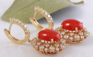 Exquisite 8.40 Carats Natural Red Coral and Diamond 14K Solid Yellow Gold Earrings