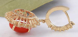 Exquisite 8.40 Carats Natural Red Coral and Diamond 14K Solid Yellow Gold Earrings