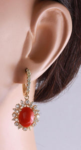 Exquisite 8.40 Carats Natural Red Coral and Diamond 14K Solid Yellow Gold Earrings