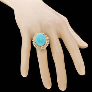 13.00 Carats Impressive Natural Turquoise and Diamond 14K Yellow Gold Ring