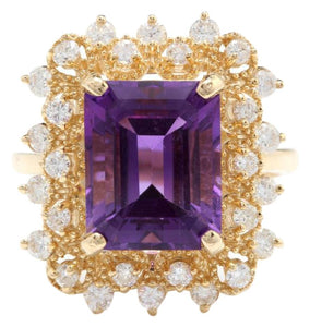 5.80 Carats Impressive Natural Amethyst and Diamond 14K Solid Yellow Gold Ring