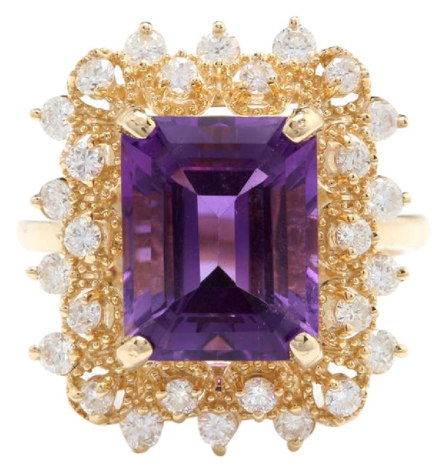 5.80 Carats Impressive Natural Amethyst and Diamond 14K Solid Yellow Gold Ring