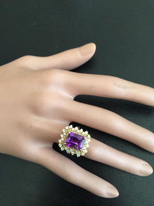 5.80 Carats Impressive Natural Amethyst and Diamond 14K Solid Yellow Gold Ring