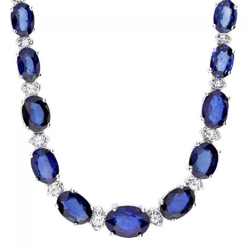 29.10Ct Natural Blue Sapphire and Diamond 14K Solid White Gold Necklace