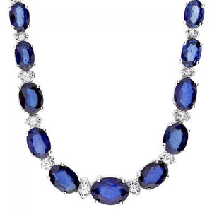 29.10Ct Natural Blue Sapphire and Diamond 14K Solid White Gold Necklace