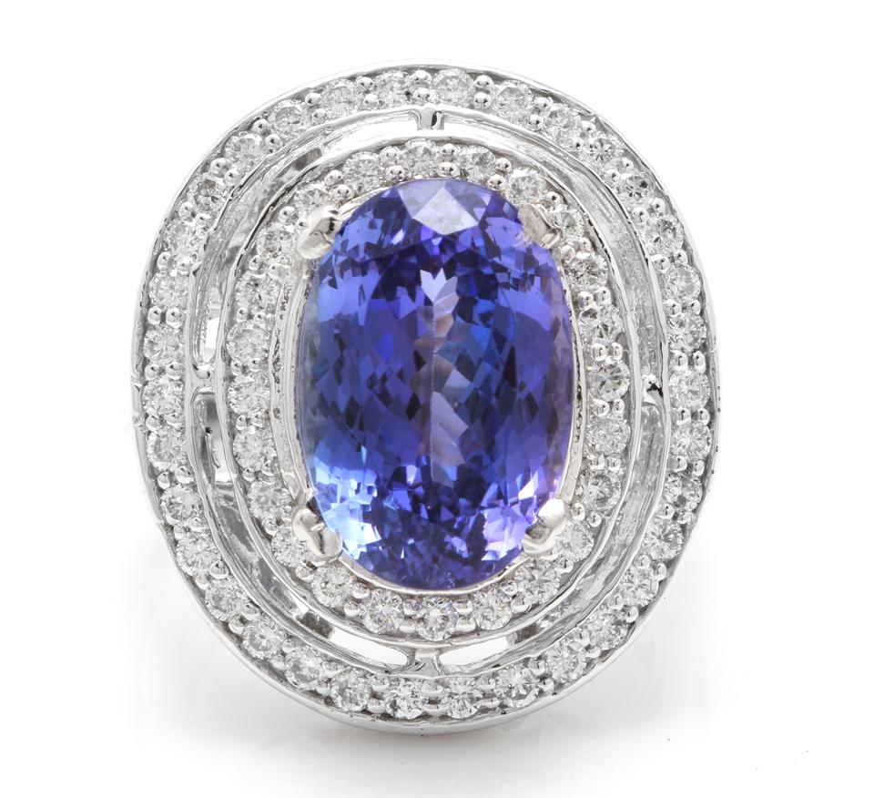 9.70 Carats Natural Very Nice Looking Tanzanite and Diamond 14K Solid White Gold Ring