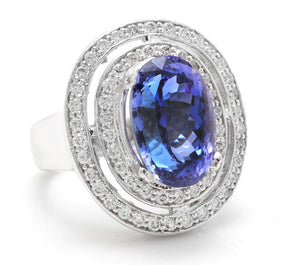 9.70 Carats Natural Very Nice Looking Tanzanite and Diamond 14K Solid White Gold Ring