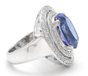 9.70 Carats Natural Very Nice Looking Tanzanite and Diamond 14K Solid White Gold Ring