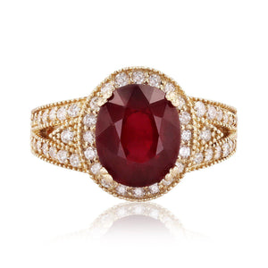 6.70 Carats Impressive Red Ruby and Natural Diamond 14K Yellow Gold Ring