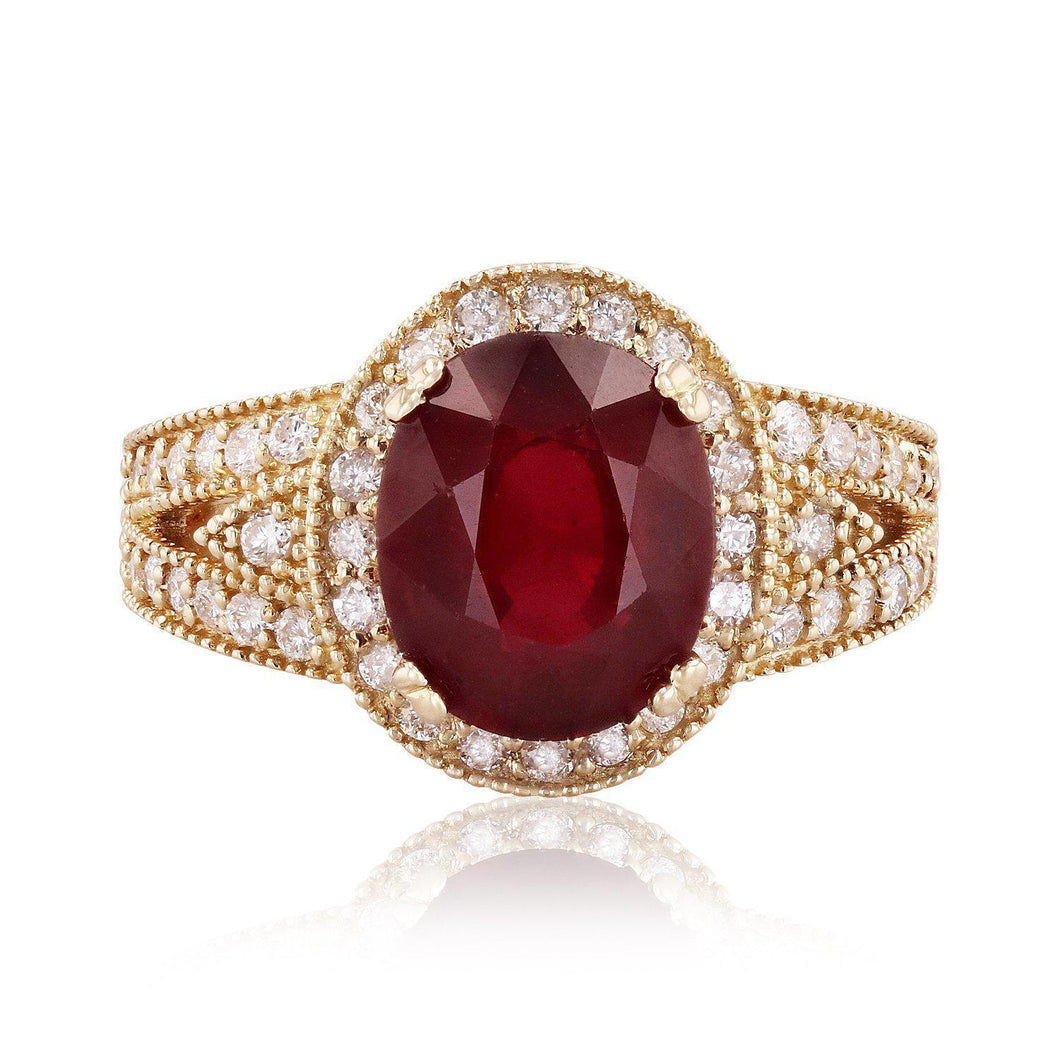 6.70 Carats Impressive Red Ruby and Natural Diamond 14K Yellow Gold Ring
