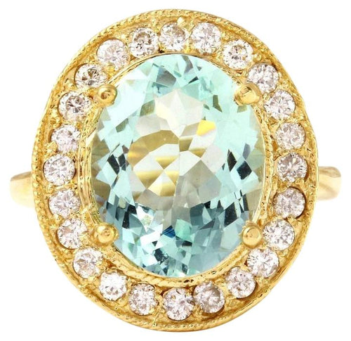5.10 Carats Natural Aquamarine and Diamond 14K Solid Yellow Gold Ring