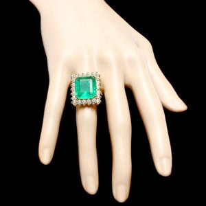 11.20ct Natural Emerald & Diamond 18k Solid Yellow Gold Ring