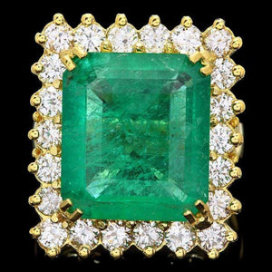 11.20ct Natural Emerald & Diamond 18k Solid Yellow Gold Ring