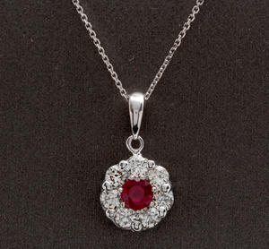 1.15Ct Natural Red Ruby and Diamond 14K Solid White Gold Necklace