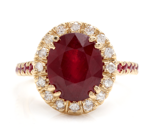 5.60 Carats Gorgeous Natural Red Ruby and Diamond 14K Solid Yellow Gold Ring