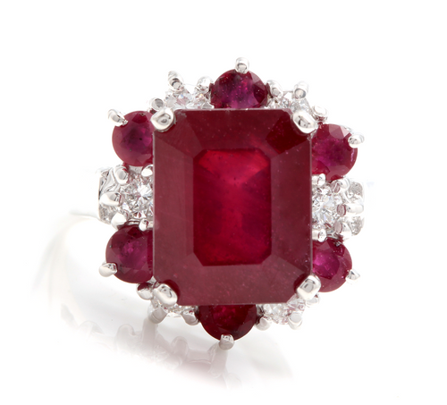 7.45 Carats Impressive Natural Red Ruby and Diamond 14K White Gold Ring