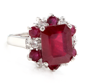 7.45 Carats Impressive Natural Red Ruby and Diamond 14K White Gold Ring