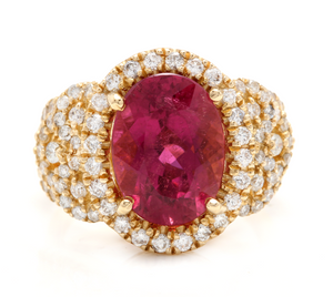 6.50 Carats Impressive Natural Rubellite and Diamond 14K Yellow Gold Ring