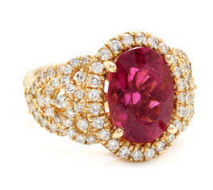 6.50 Carats Impressive Natural Rubellite and Diamond 14K Yellow Gold Ring