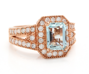 2.65 Carats Natural Aquamarine and Diamond 14K Solid Rose Gold Ring