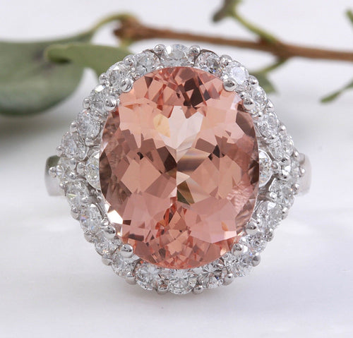 7.70 Carats Exquisite Natural Morganite and Diamond 14K Solid White Gold Ring