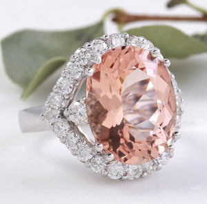 7.70 Carats Exquisite Natural Morganite and Diamond 14K Solid White Gold Ring