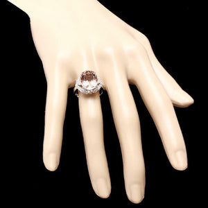 7.70 Carats Exquisite Natural Morganite and Diamond 14K Solid White Gold Ring
