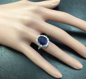 8.80 Carats Exquisite Natural Blue Sapphire and Diamond 14K Solid White Gold Ring