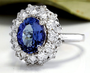 4.80 Carats Natural Very Nice Looking Tanzanite and Diamond 14K Solid White Gold Ring