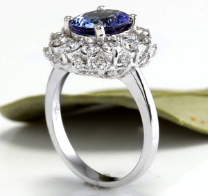 4.80 Carats Natural Very Nice Looking Tanzanite and Diamond 14K Solid White Gold Ring