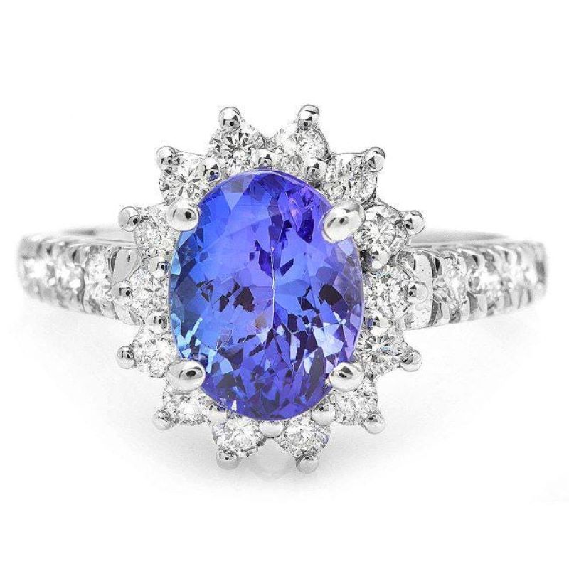 3.30 Carats Natural Tanzanite and Diamond 14K Solid White Gold Ring