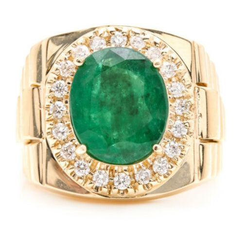 5.70 Carats Natural Emerald and Diamond 14K Solid Yellow Gold Men's Ring