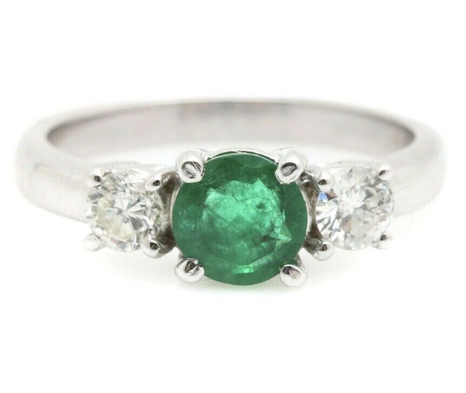 1.32 Carats Natural Emerald and Diamond 14K Solid White Gold Ring