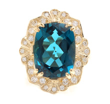 Load image into Gallery viewer, 13.75 Carats Natural Impressive London Blue Topaz and Diamond 14K Yellow Gold Ring