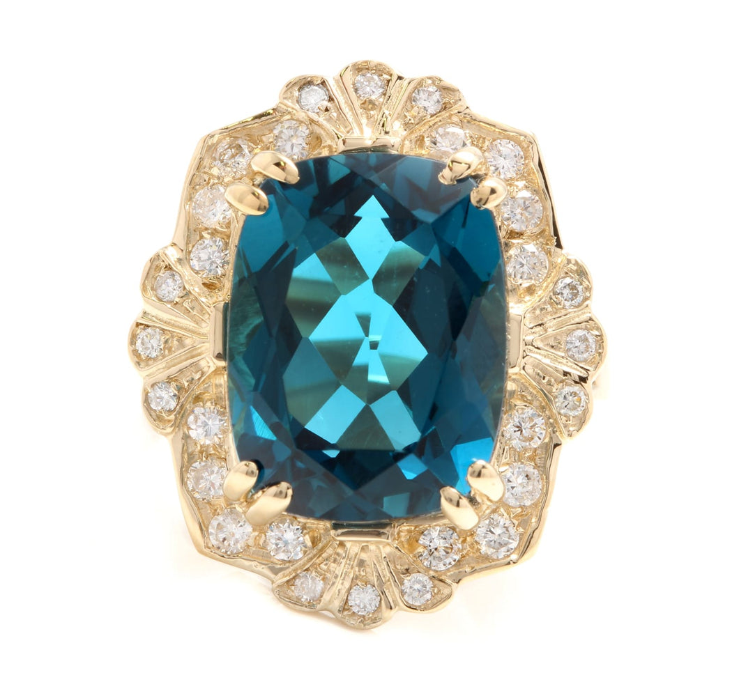 13.75 Carats Natural Impressive London Blue Topaz and Diamond 14K Yellow Gold Ring